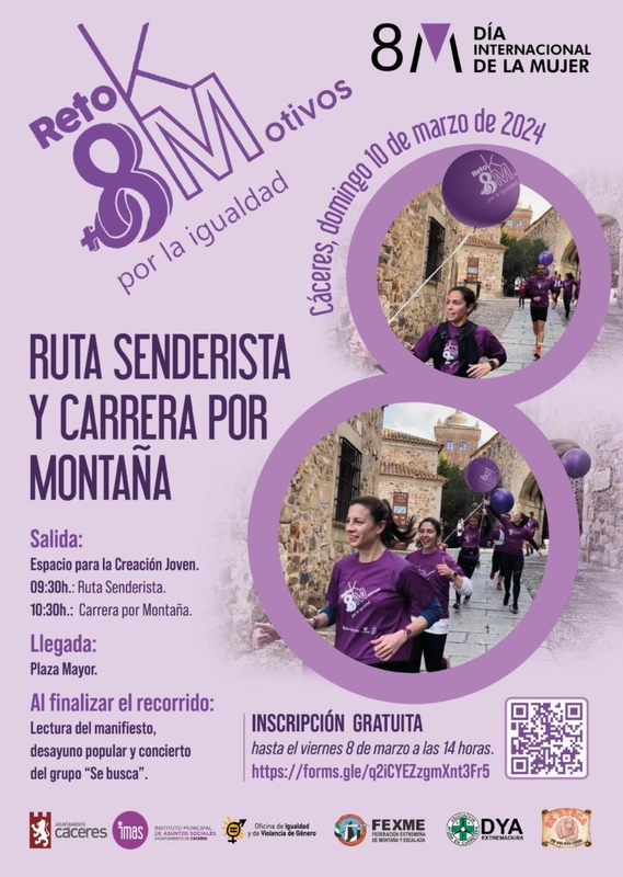  Abiertas las inscripciones para participar en la III ruta senderista y carrera ‘8KM, 8 Motivos por la Igualdad’ del Ayuntamiento de Cáceres