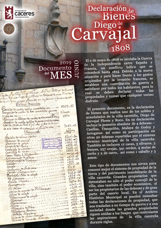 El Documento del Mes de Junio da el conocer la declaración de propiedades de Diego de Carvajal