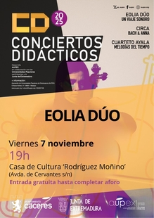 El Ayuntamiento de Cáceres te invita a disfrutar del concierto didáctico de música clásica del dúo extremeño ‘Eolia Dúo’